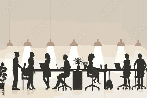 Diverse Workplace Interactions: Collaboration in a Modern Office Setting with Silhouettes of Team Members