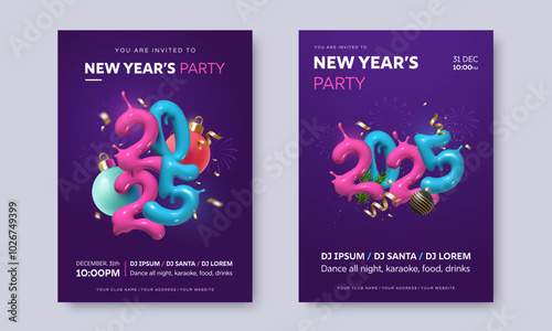New Year's Eve party invitation poster with colorful 3D numbers 2025 surrounded by Christmas tree decorations and falling confetti. A4 flyer with creative illustration and space for text.