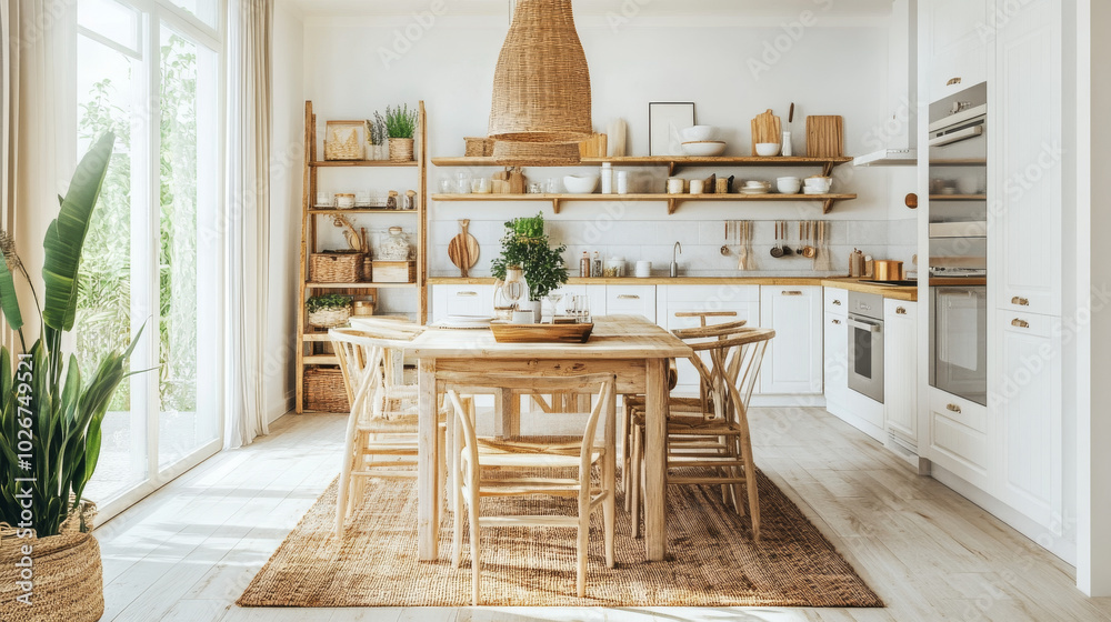 A cozy, wooden kitchen and dining area with a Scandinavian boho vibe. The table is set in white and beige, creating a relaxed and natural feel. A cozy, wooden kitchen and dining area with a Scandinavian boho vibe. The table is set in white and beige, creating a relaxed and natural feel.