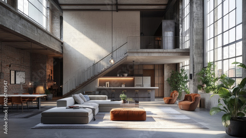 A modern living room with a high ceiling, designed in a trendy industrial style. This is a computer-generated image.