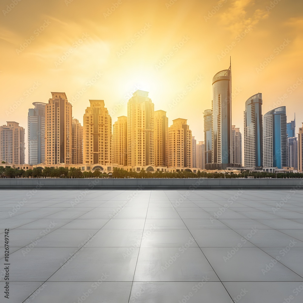 Modern city skyline at sunset with skyscrapers reflecting golden sunlight, spacious tiled floor, and metal railing in the foreground, perfect for urban lifestyle, travel, and architecture content. Modern city skyline at sunset with skyscrapers reflecting golden sunlight, spacious tiled floor, and metal railing in the foreground, perfect for urban lifestyle, travel, and architecture content.