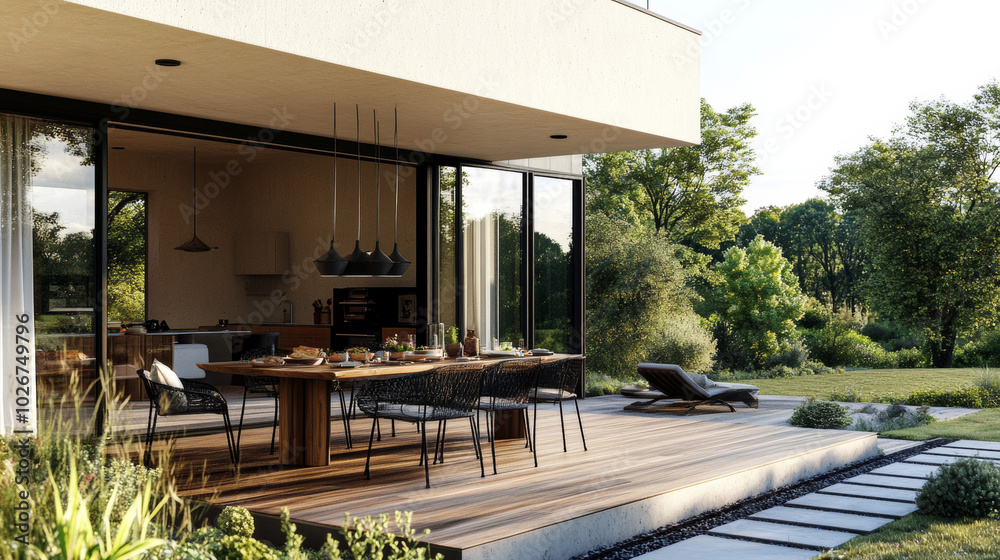 A modern outdoor terrace with a wooden dining table set for a meal. Sliding doors lead to the cozy home, which has a beautiful view of nature. A modern outdoor terrace with a wooden dining table set for a meal. Sliding doors lead to the cozy home, which has a beautiful view of nature.