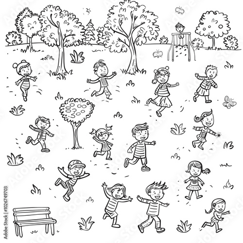 Happy Children Playing in a Park - Fun Outdoor Activities Illustration