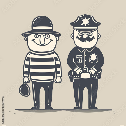 Cartoon Thief and Police Officer Characters in Vintage Style Illustration with Simple Background