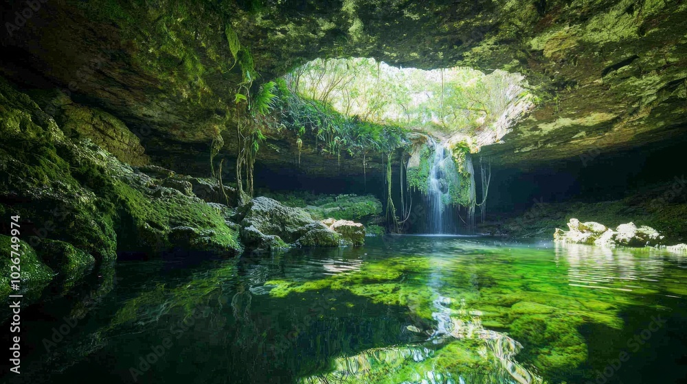 Enchanting Hidden Caves: Rugged Cave System with Waterfall and Reflections Enchanting Hidden Caves: Rugged Cave System with Waterfall and Reflections