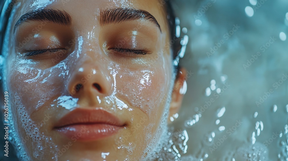 A close up of a woman face with a moisturizing sheet mask, surface details and hydration, spa interior, relaxing atmosphere. A close up of a woman face with a moisturizing sheet mask, surface details and hydration, spa interior, relaxing atmosphere.