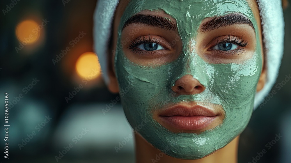 face view of an 30 year old woman in a spa salon at wellness retreat, face with a soothing green clay mask, spa ambience face view of an 30 year old woman in a spa salon at wellness retreat, face with a soothing green clay mask, spa ambience