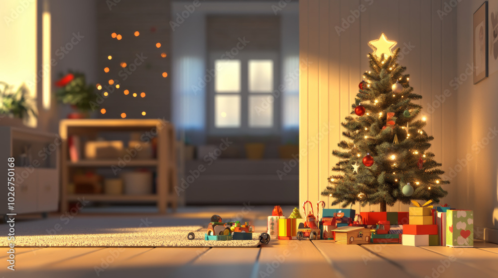 A cozy farmhouse living room with a modern Scandinavian Christmas tree. The tree is decorated with toys and gifts, creating a festive atmosphere. This 3D illustration is perfect for a web banner. A cozy farmhouse living room with a modern Scandinavian Christmas tree. The tree is decorated with toys and gifts, creating a festive atmosphere. This 3D illustration is perfect for a web banner.