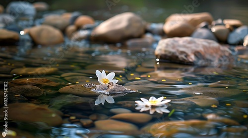 Calm view of a spritzed river with rocks and a floating flower photo