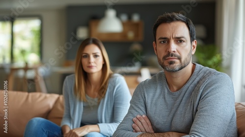 Couple seated on a couch in front of a female therapist, the wife appearing indifferent, during a counseling session in a modern office.