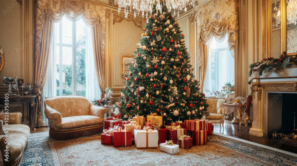 A big Christmas tree stands in a luxurious living room, decorated in a Hampton style. Presents sit underneath the tree, creating a festive scene. A big Christmas tree stands in a luxurious living room, decorated in a Hampton style. Presents sit underneath the tree, creating a festive scene.