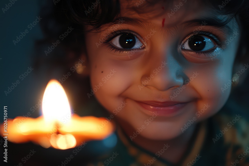 A close-up of a lit diya with the flickering flame reflecting in the eyes of a smiling child, showcasing the warmth of the festive moment.