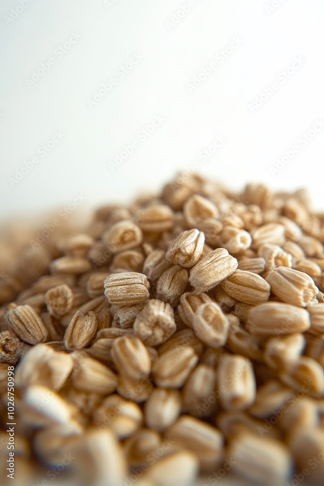 Obraz premium Barley Grains Piled on a White Background Showcasing Their Unique Texture and Shape