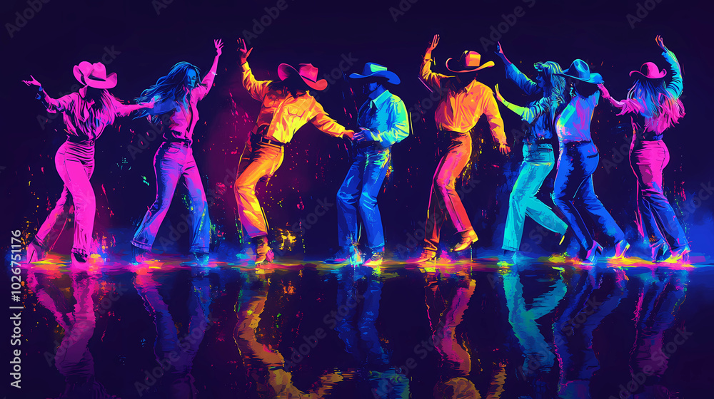 Neon-themed line dancing concept Neon-themed line dancing concept