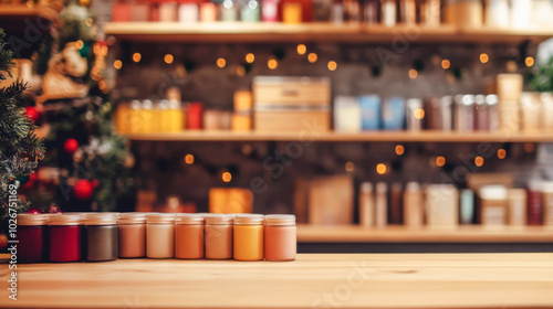 space for text in the foreground of a pharmacy, cosmetics store. blurred background with a large, light window and shelves on which there are light packages