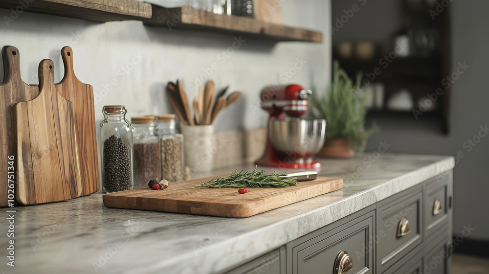 This kitchen design features a simple gray backdrop, showcasing elegant marble and granite countertops, a rustic wooden plank, a practical cutting board, and charming rosemary and pepper accents. This kitchen design features a simple gray backdrop, showcasing elegant marble and granite countertops, a rustic wooden plank, a practical cutting board, and charming rosemary and pepper accents.
