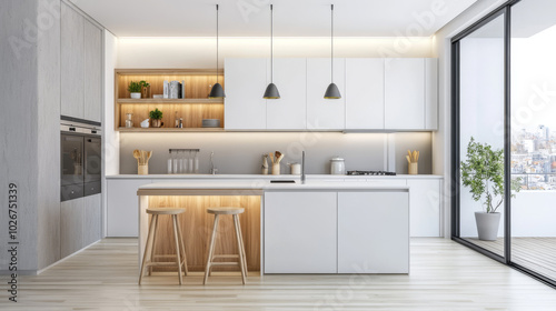 A modern, white kitchen with wood and gray accents. It has a simple, clean look, like a 3D picture.