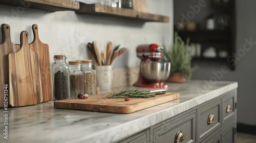 This kitchen design features a simple gray backdrop, showcasing elegant marble and granite countertops, a rustic wooden plank, a practical cutting board, and charming rosemary and pepper accents.