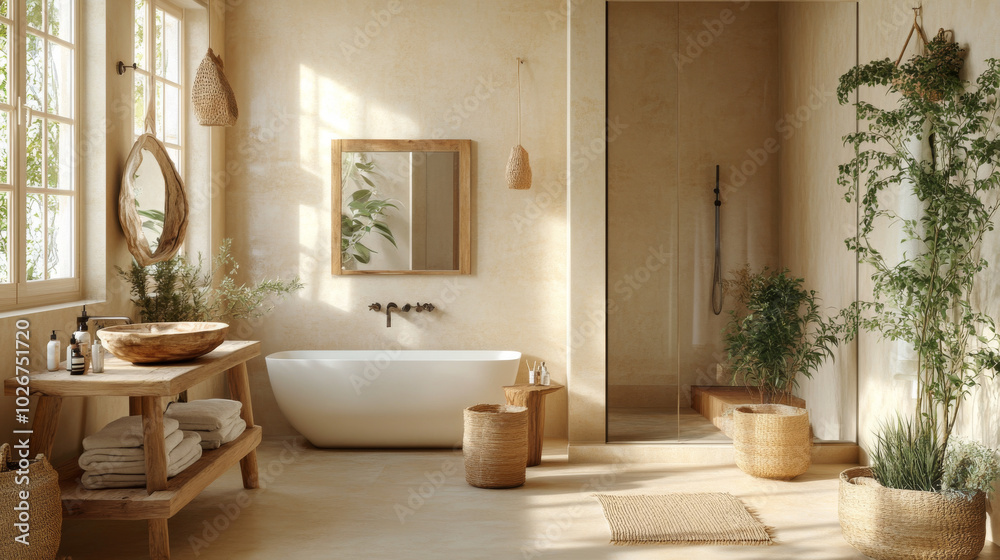 A cozy bathroom with a relaxed, natural feel. It has warm beige walls, wooden furniture, and a style that blends Scandinavian simplicity with bohemian charm. A cozy bathroom with a relaxed, natural feel. It has warm beige walls, wooden furniture, and a style that blends Scandinavian simplicity with bohemian charm.