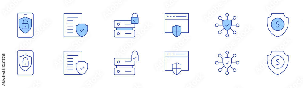 Security icon set in two styles, Duotone and Thin Line style. Editable stroke. security, cyber security, legal document, data security, shield Security icon set in two styles, Duotone and Thin Line style. Editable stroke. security, cyber security, legal document, data security, shield