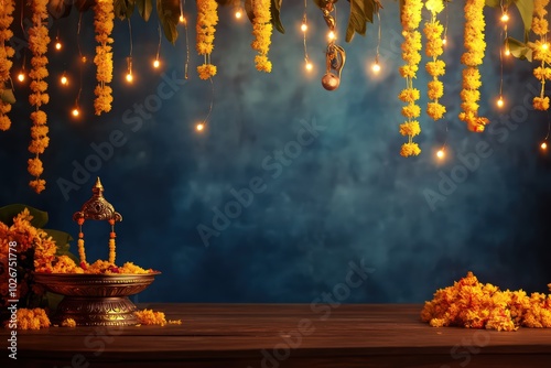 a decorative indian pooja background with garlands podium, glitter 