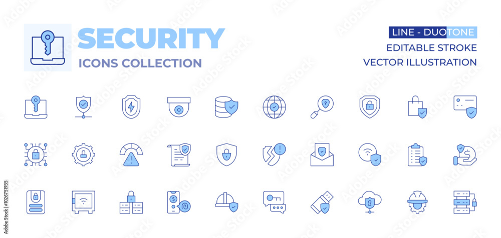 Security icons collection. Line Duotone style, editable stroke. ssl, protection, insurance, security, risk, exchange, fingerprint, cyber security, security box, secure, log in Security icons collection. Line Duotone style, editable stroke. ssl, protection, insurance, security, risk, exchange, fingerprint, cyber security, security box, secure, log in