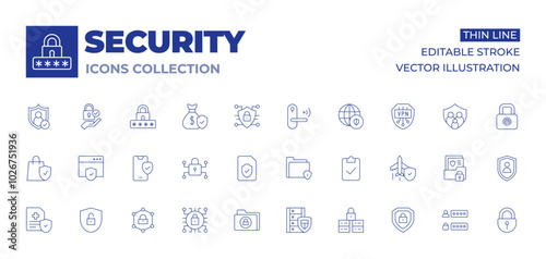 Security icons collection. Thin Line icons, editable stroke. data, shield, access, cyber security, shopping bag, web security, health insurance, security, insurance, secure folder