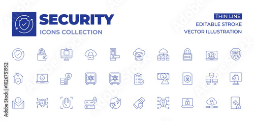 Security icons collection. Thin Line icons, editable stroke. money, key, palm, data security, shield, usb, safe box, prevention, home, antivirus, email, check
