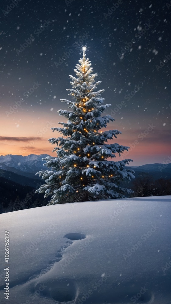 A beautifully decorated snow-covered pine tree glowing under a twilight sky in a mountainous winter landscape A beautifully decorated snow-covered pine tree glowing under a twilight sky in a mountainous winter landscape