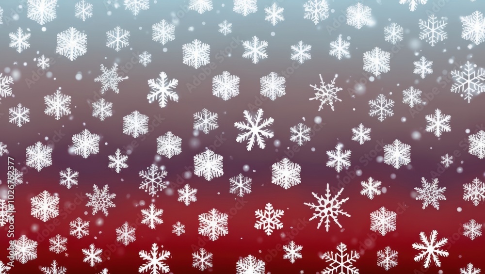 Experience the serene beauty of gently falling snowflakes against a gradient of soft blue and red hues during winter evenings Experience the serene beauty of gently falling snowflakes against a gradient of soft blue and red hues during winter evenings
