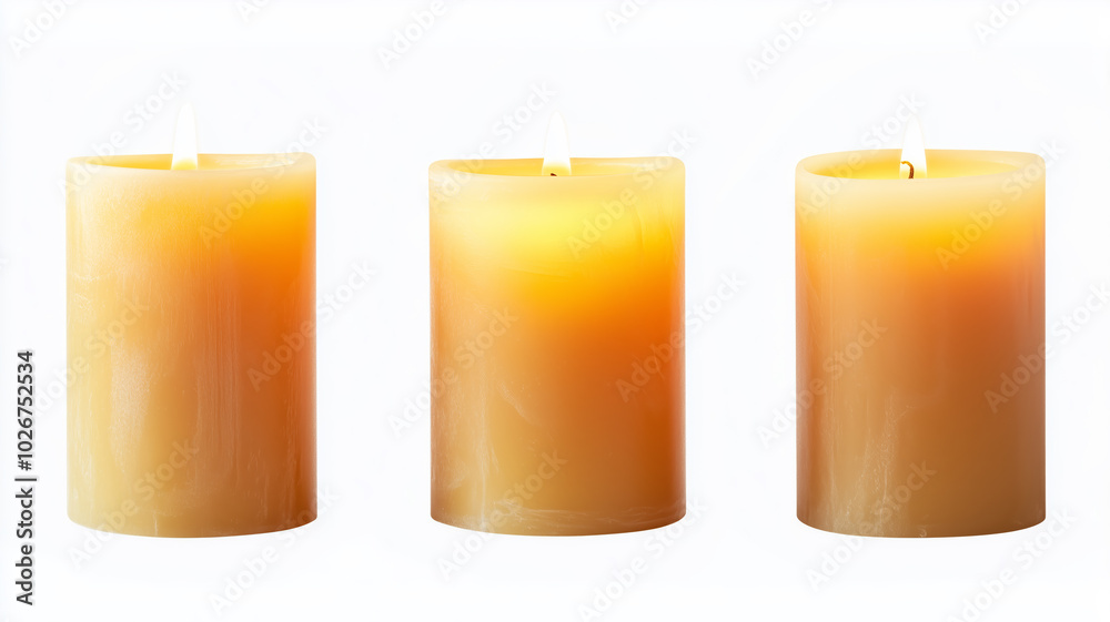 Three candles are lit and are all the same height. They are all yellow and are placed in a row Three candles are lit and are all the same height. They are all yellow and are placed in a row