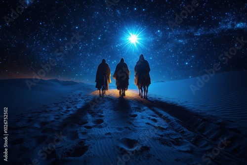 A radiant Star of Bethlehem illuminates the desert sands, guiding three wise men, kings, on their journey toward the humble stable where the infant Christ lies, baby Jesus, Christmas