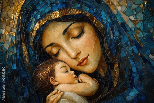 Close-up of Mary and baby Jesus, Christmas theme
