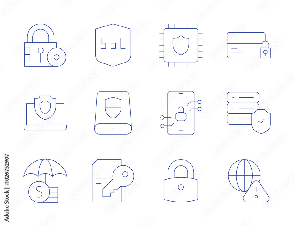 Security icons. Thin Line style, editable stroke. shield, lock, server, security, laptop, insurance, alert, ssl, data storage, contract, credit card Security icons. Thin Line style, editable stroke. shield, lock, server, security, laptop, insurance, alert, ssl, data storage, contract, credit card