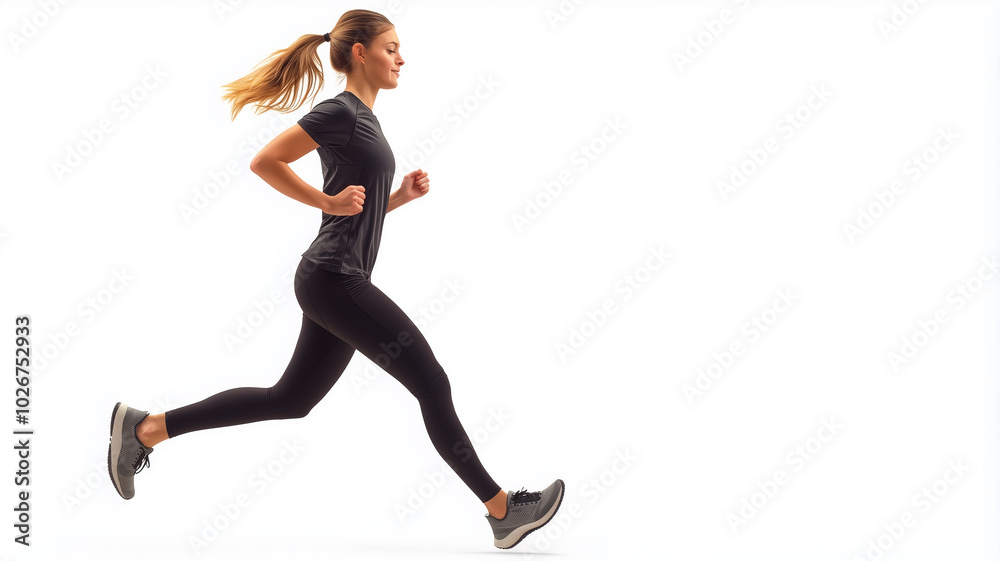 Obraz premium Young woman is running on a white background. She is wearing black pants and a black shirt. Concept of energy and determination as the woman pushes herself to run faster