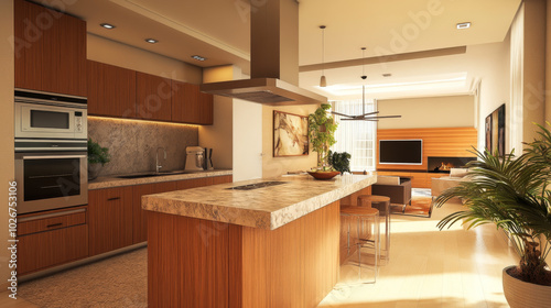 A modern apartment kitchen with a Japanese and Scandinavian feel. It has wooden cabinets and a marble countertop island.