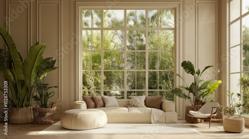 A stylish living room with big windows offering a beautiful view of nature. The room has classic wall panels, plants, and a beige color scheme.