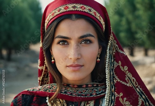 A Tajik woman 30 years old stands gracefully, showcasing her traditional attire against a breathtaking backdrop of mountains and lush green fields, reflecting her cultural roots. Generated by AI photo