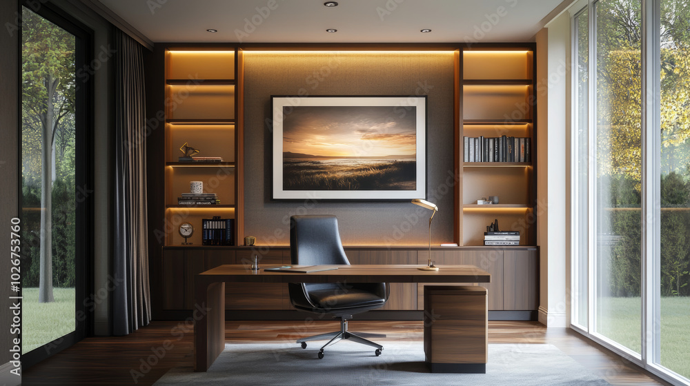 A 3D picture of a stylish home office with a modern design, showing a framed image. A 3D picture of a stylish home office with a modern design, showing a framed image.