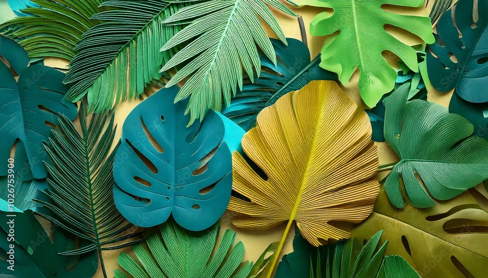 Naklejka premium Artistic paper style tropical leaves, unique and modern look with layered texture