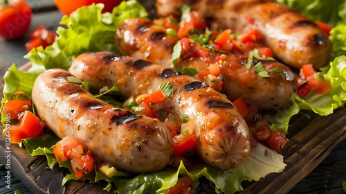 Chicken sausages with tomato relish on a lettuce tray