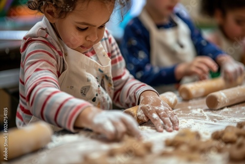 Preschooler Focused on Baking Lesson with Dough Rolling - Educational Activity in Classroom photo