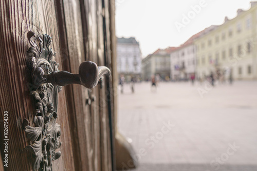 Canvas Print Detail of an old wooden gate and its handle, blurred castle in the background, S