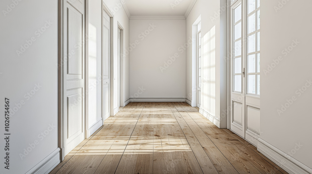 A 3D image shows the hallway of a Scandinavian farmhouse. The wall is blank, perfect for displaying something. A 3D image shows the hallway of a Scandinavian farmhouse. The wall is blank, perfect for displaying something.