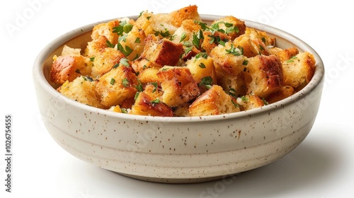 Homemade savory stuffing casserole dish made with bread herbs and vegetables served in a rustic ceramic plate on a white background