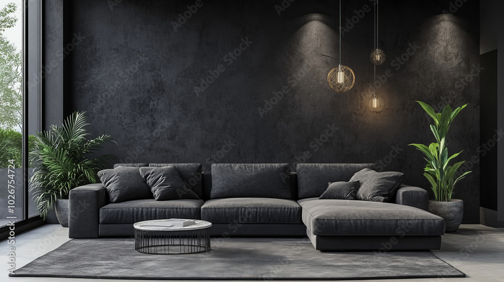 A stylish, modern living room with a black loft design, featuring a comfortable sofa and decorative accents. This is a 3D model that shows how the room might look. A stylish, modern living room with a black loft design, featuring a comfortable sofa and decorative accents. This is a 3D model that shows how the room might look.