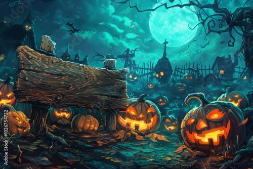 A Halloween scene with pumpkins, skeletons, and candles