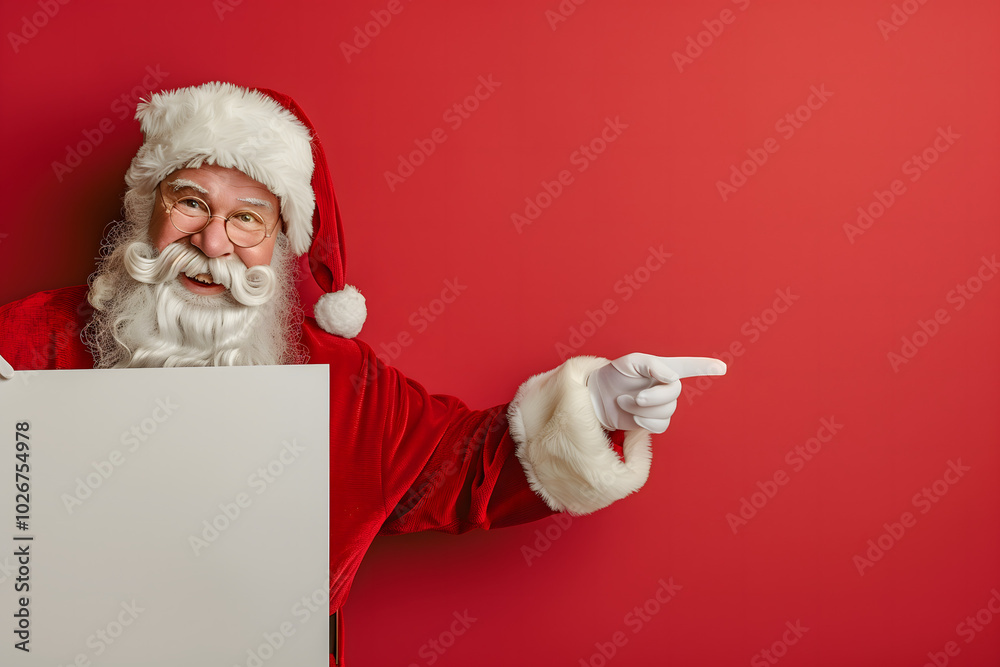 Naklejka premium Santa claus pointing finger on empty space. Christmas advertising. Red background. High quality photo