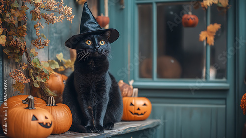 Black cat wearing witch hat among pumpkins and autumn leaves, Halloween atmosphere. photo