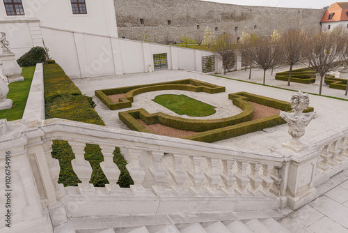 Photography Castle park with stone stairs, railing and bushes, sunny, Slovakia, Bratislava,